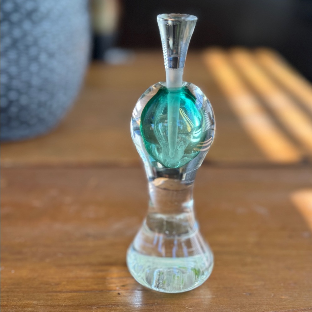 Vintage Perfume Bottle with Atomizer. Green and clear glass. Signed and 1 of 3.